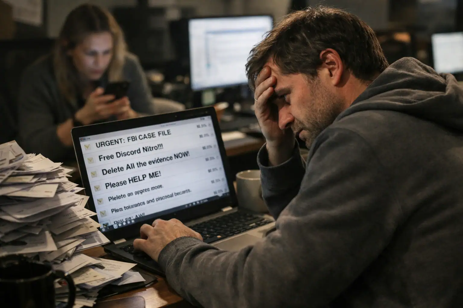 Frustrated man in a dimly lit office surrounded by paperwork and computer screens.