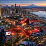 Hacker interagiert mit Stadtlandschaft, leuchtende Verbindungen und Sicherheitsbedrohung.