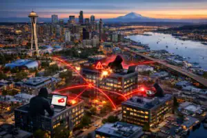 Віртуальна атака на міські будівлі з хакерами у капюшонах.