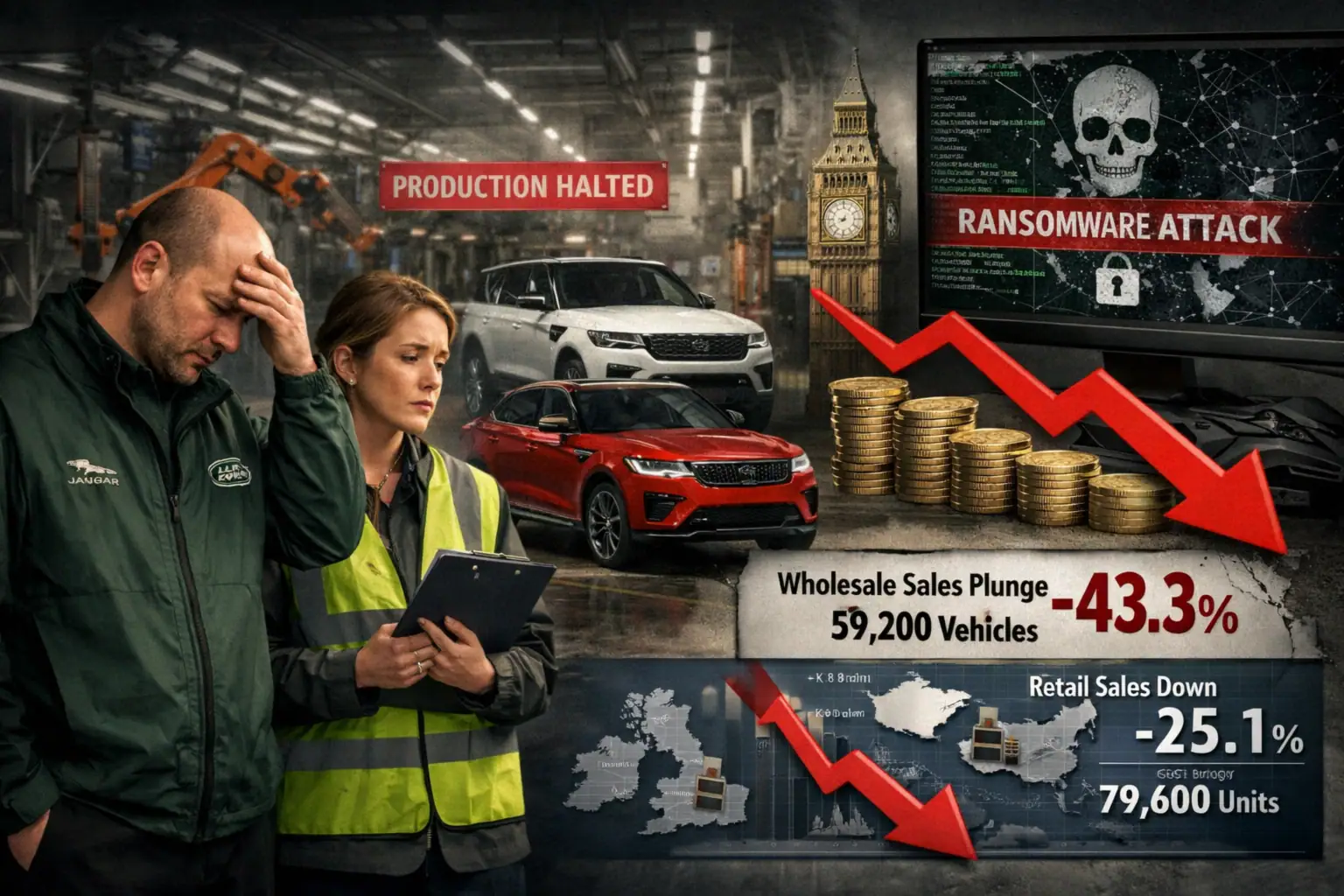 Workers express concern over halted production and a ransomware attack in an auto factory.