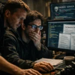 Два человека, работающие за компьютером, серьезно обсуждают информацию на экране.