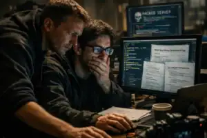 Two men overwhelmed by computer screens displaying hacking information.