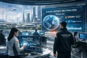 Team in a futuristic command center neutralizing cyber threats with advanced technology.