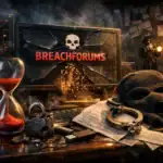 Szenerie mit Computer, Sanduhr und Handfesseln auf einem Tisch.