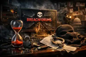 Dark-themed workspace featuring a cracked screen with "BreachForums," an hourglass, and handcuffs.