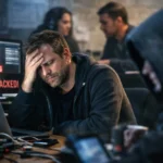 Mann in Hoodie mit besorgtem Gesichtsausdruck vor einem Computer, umgeben von Technik.