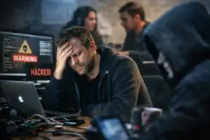 Man in distress at a computer surrounded by hackers in a dimly lit room.