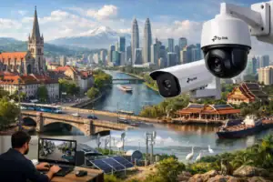 Cityscape with surveillance cameras and a man monitoring footage at a computer.