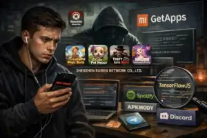 Man in a hoodie watches phone, surrounded by game app icons and computer screens.