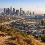 Stadtsilhouette von Los Angeles bei Sonnenaufgang mit einem Wolf im Vordergrund.