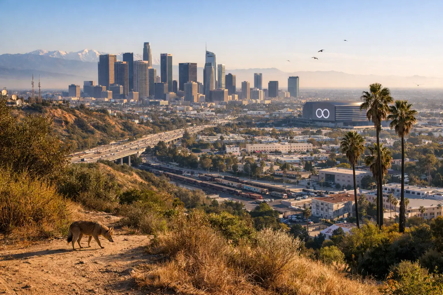 Coyote walking along a hillside trail with a city skyline backdrop in Los Angeles.