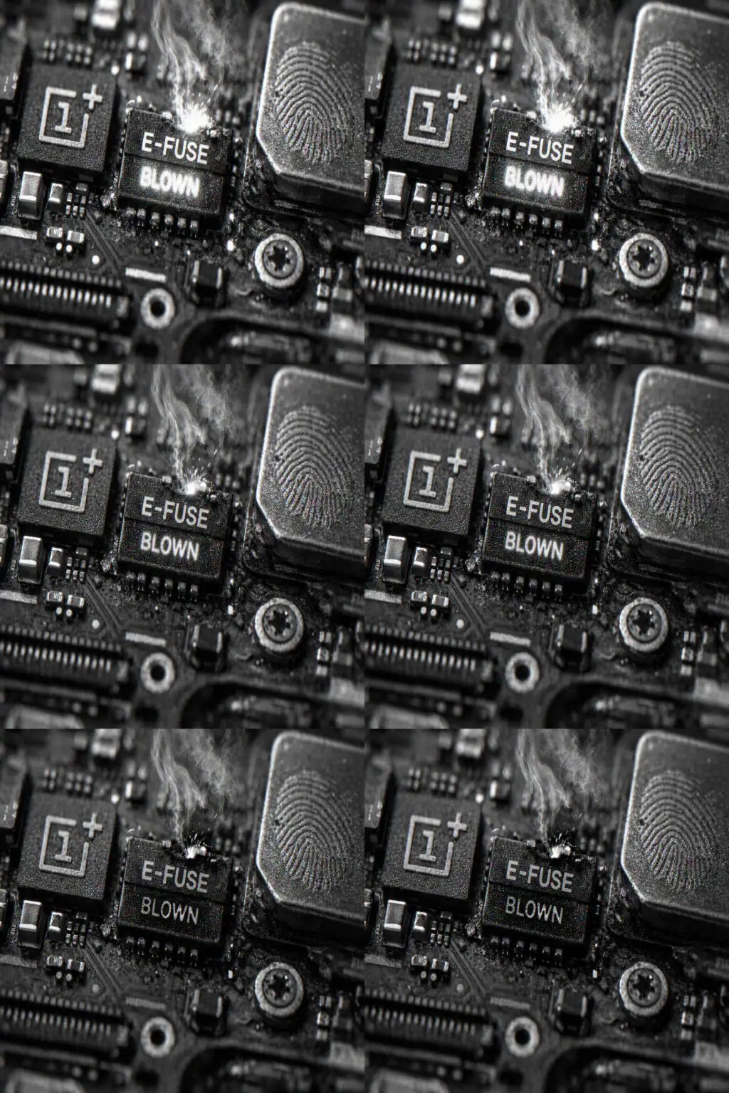 Detailaufnahme eines Motherboards mit Text "E-FUSE BLOWN" und Rauch.