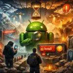 Android-робот исследует мир технологий с предупреждающими знаками и замками.