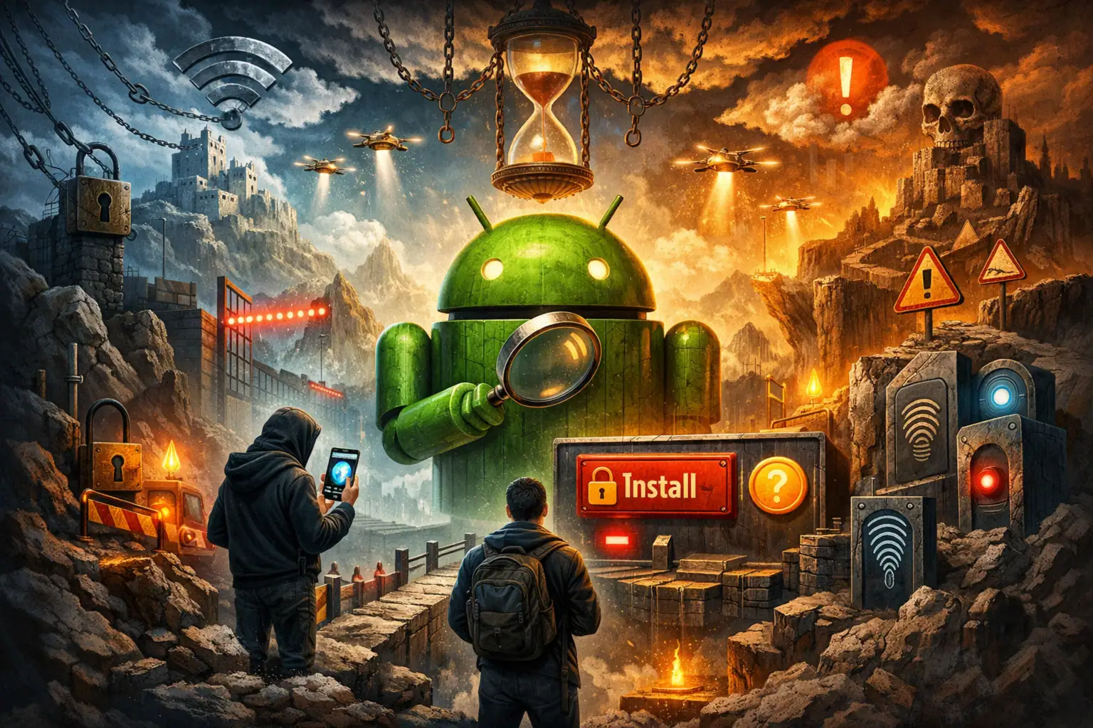 ** Android-Figur mit Lupe in einer dystopischen Landschaft, zwei Männer stehen davor.