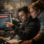 Two individuals collaborating intensely over a computer screen displaying an error message.