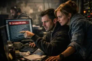 Two individuals collaborating intensely over a computer screen displaying an error message.