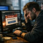 Мужчина с озабоченным лицом смотрит на экран компьютера с ошибкой браузера.