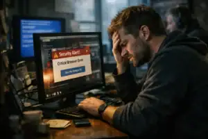 Frustrated man experiences a critical browser error at his computer workstation.