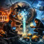 Cybernetic scene with a giant skull, hackers, and glowing data crates.