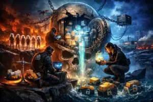 Cybernetic scene with a giant skull, hackers, and glowing data crates.