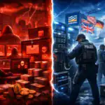 Конфликт между хакерами и полицией в темной и яркой иллюстрации.