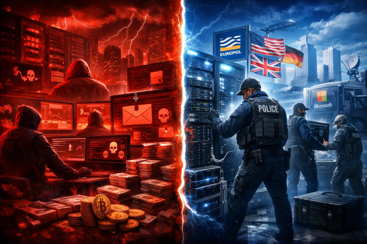 Cybercrime and law enforcement clash in a vivid dual-themed scene.