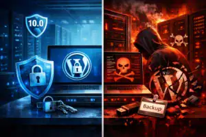 Ilustración que contrasta la ciberseguridad y un ataque informático.