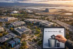 Aerial view of Google campus with a hand using a smartphone app to delete data.