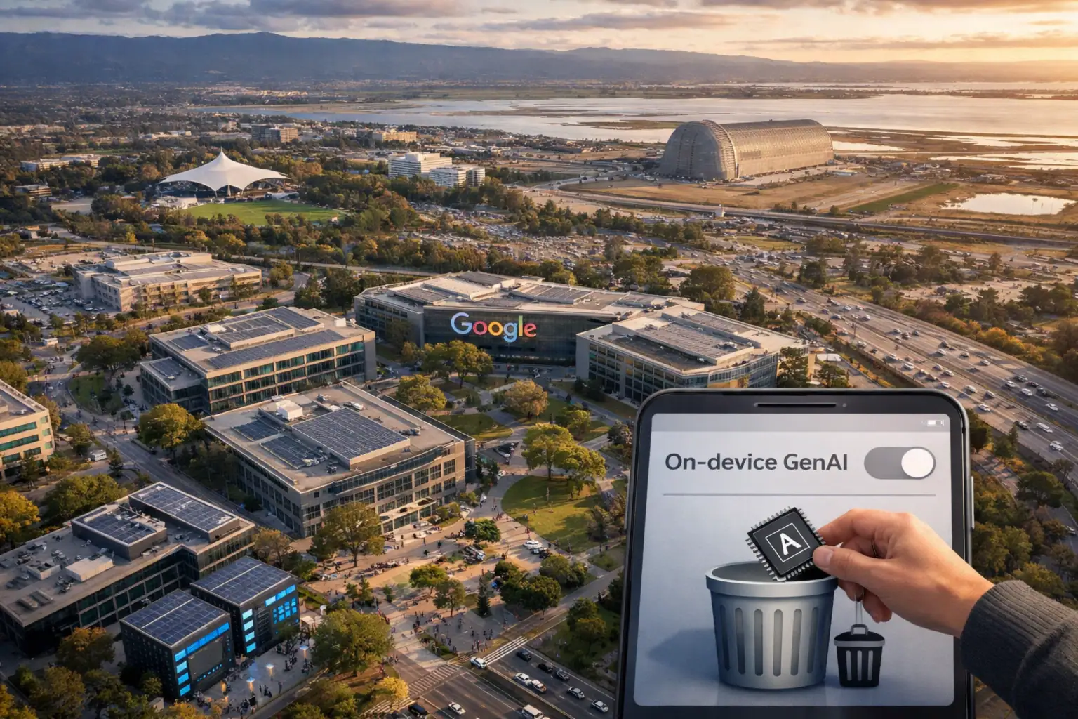 Aerial view of Google campus with a hand using a smartphone app to delete data.
