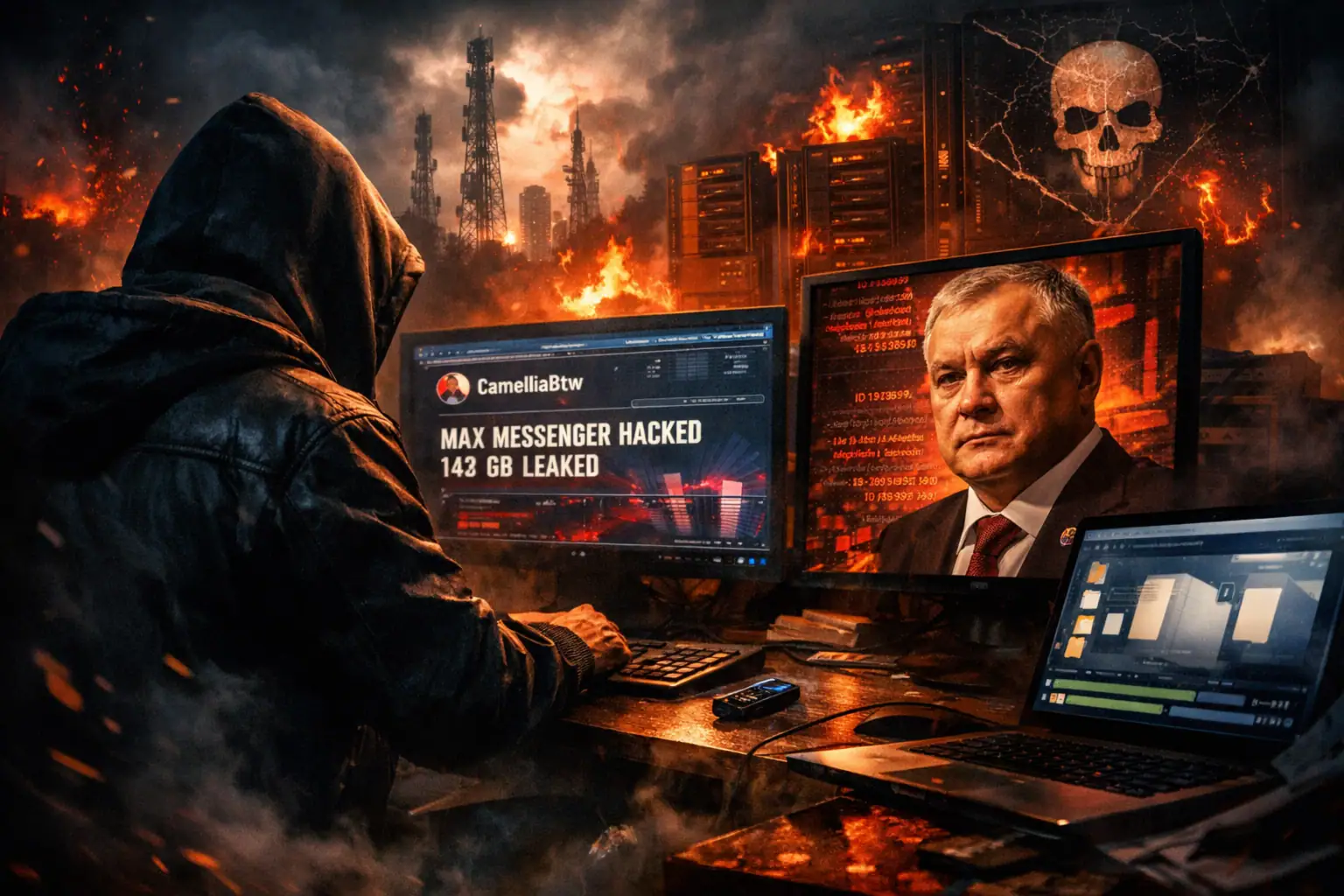 Хакер за комп'ютерами, екран з новинами про зламаний сервіс.