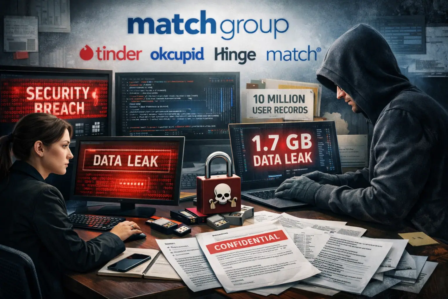 Hacker y analista frente a computadoras sobre violación de datos de Match Group.
