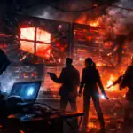 Vier Personen in einem brennenden, cyberpunkartigen Raum mit kaputten Bildschirmen.