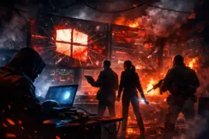 ** Four figures in a fiery tech hub, engaging in a tense cyber situation.