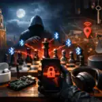 Hacker mit Schachfiguren, Smartphone und technischen Geräten in düsterer Szene.