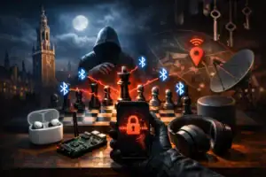 Mysterious hooded figure manipulating a chessboard with technology elements.