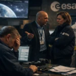 Spannende Szene in einem Kontrollraum mit intensiven Gesprächen und Polizei-Präsenz.