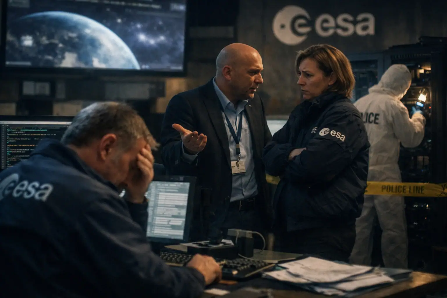 Спор между сотрудниками ESA на фоне технического оборудования и экрана с планетой.