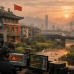 Urban scene with a man at a workstation overlooking a river and cityscape at sunset.