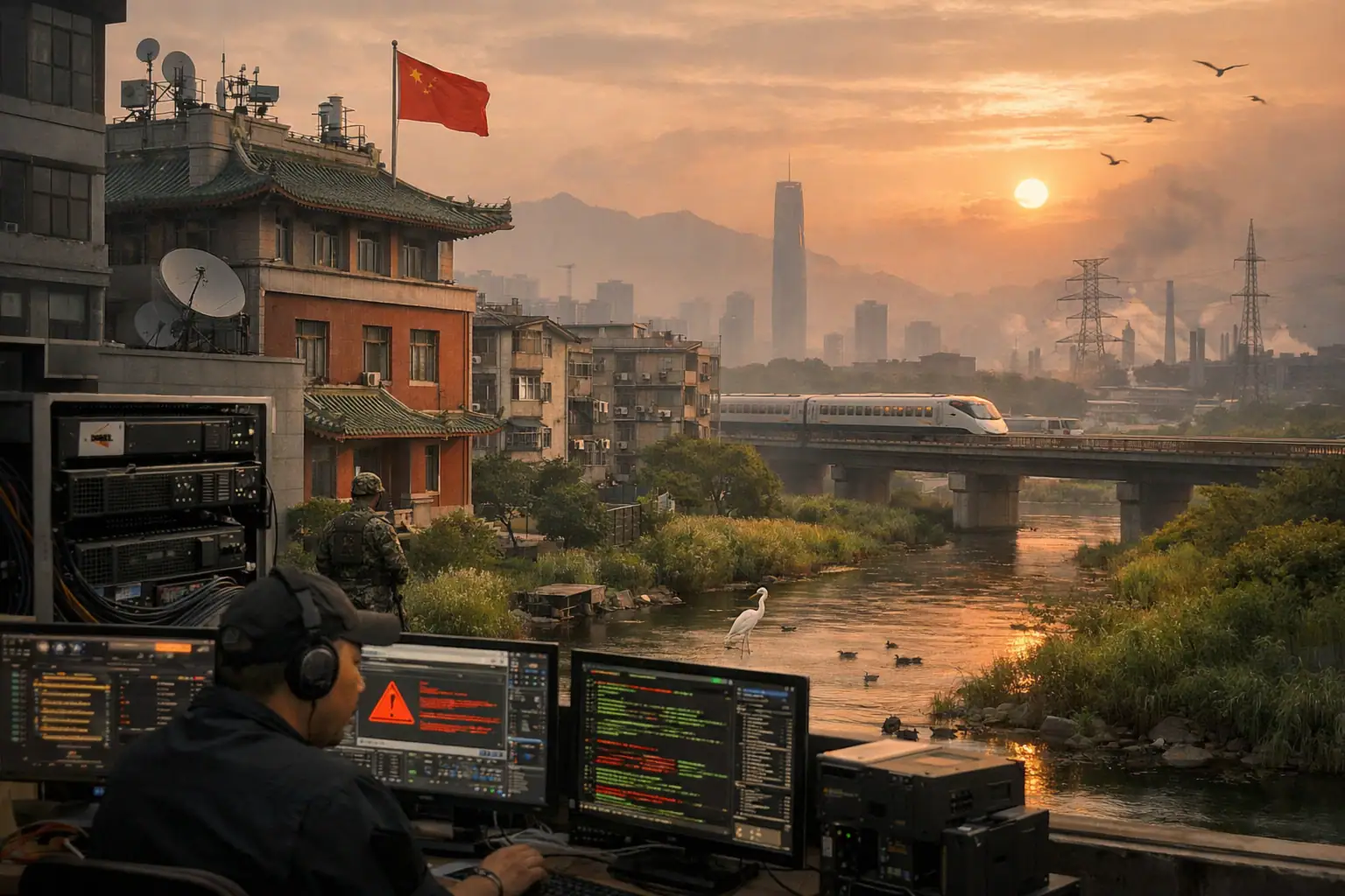 Mitarbeiter an einem Computer mit Blick auf eine Stadtlandschaft bei Sonnenuntergang.