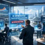 Sicherheitsteam analysiert KI-generierte Berichte in futuristischer Umgebung.