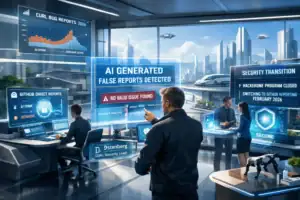 Security analysts discussing AI-generated reports in a futuristic office.