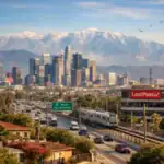 Los Angeles skyline with mountains, palm trees, and busy highway during sunset.