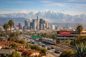 Los Angeles skyline with mountains, palm trees, and busy highway during sunset.