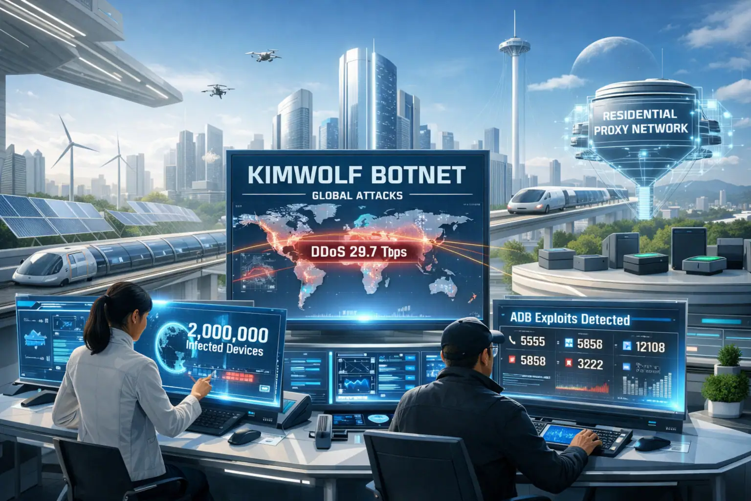 Cybersecurity operators monitor the Kimwolf botnet and global attacks in a futuristic setting.