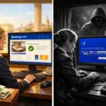 Mujer trabajando con Booking.com y otra en un entorno oscuro, peligrosa.