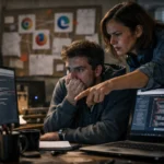 Двоє людей уважно переглядають код на комп'ютері в напруженій атмосфері.