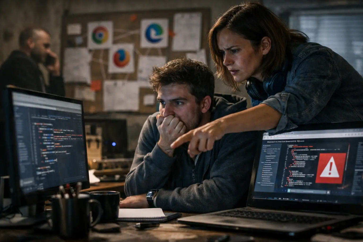 Two people focus on multiple computer screens in a dimly lit workspace.