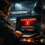 User startled by a phishing warning on a laptop in a dimly lit room.