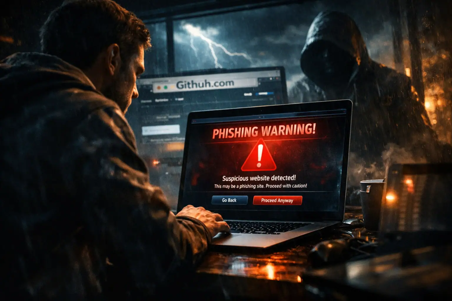 Mann vor Laptop erhält Phishing-Warnung, dunkle Atmosphäre.