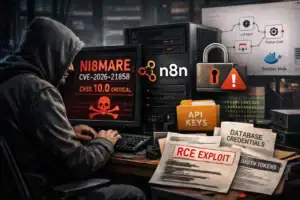 Hacker arbeitet an einem Computer mit kritischen Sicherheitswarnungen.